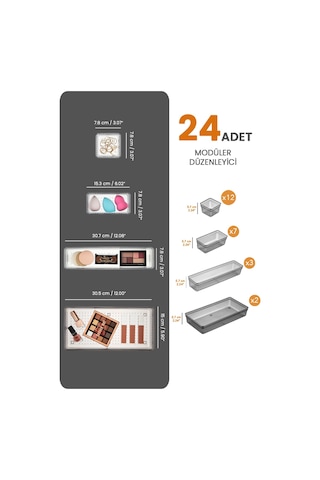 Meleni Home 24'lü Multi Set - Çekmece İçi Düzenleyici - Banyo Makyaj Ve Takı Organizer Siyah