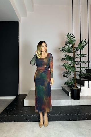 G0844 Kare Yaka Tül Elbise Çok Renkli-çok Renkli Çok Renkli