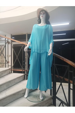 Bohem Stil İtalyan Yarasa Kol İpek Bluz & Pantolon Takım-8767 Turkuaz