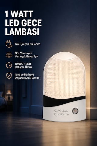 1 Watt Fotoselli Sensörlü Led Gece Lambası Otomatik Yanan Koridor Yatak Çocuk Odası Aydınlatma Beyaz