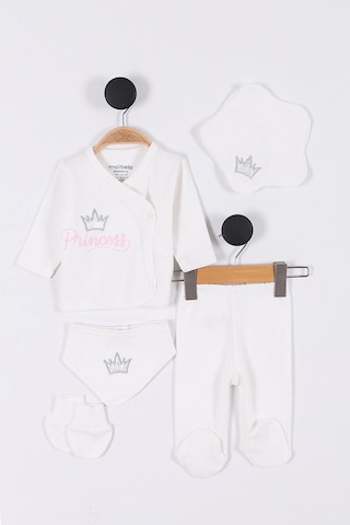 Prenses Desenli Müslin Kız Bebek Hastane Çıkışı Bebek Kıyafetleri Yenidoğan Hastane Çıkış Seti 5 Li Ekru
