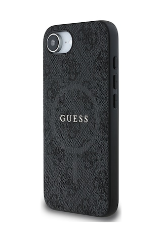 Apple iPhone 16e Uyumlu Kılıf Guess Lisanslı M safe Pu Halkalı 4g Desenli Yazı Logolu Kapak Siyah