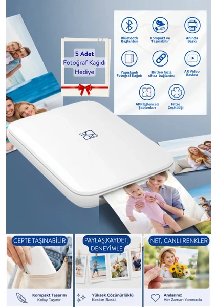 Dossimo Hanin Taşınabilir Kablosuz Mini Fotoğraf Yazıcı Bluetooth Anında Baskı 5 Adet Fotoğraf Kağıdı li Beyaz