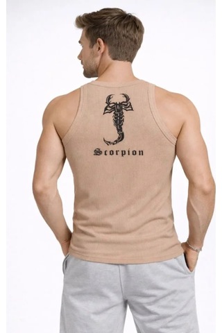 Butik İstanbul Erkek Spor Fitilli Atlet 2li Set Kahverengi Ve Beyaz Slim Fit Kaşkorse Arka Baskılı Spor Atlet Çok Renkli