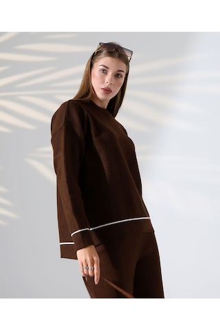 Kontrast Dikişli Kadın Triko Takım Kahverengi