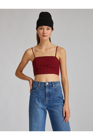 Koton İnce Askılı Crop Top Kırmızı Ekose 2sak30041pw