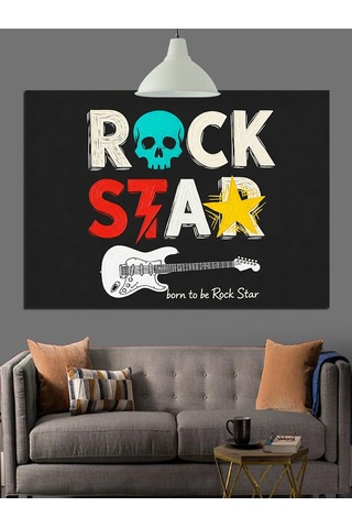"rock Star" Afişi Ve Gitar Dekoratif Kanvas - Mdf Ahşap Tablo
