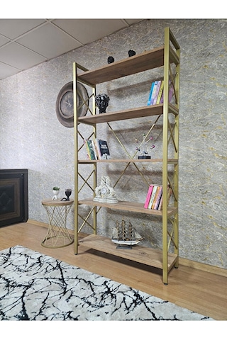 Gold Boyalı Kitaplık - 5 Raflı Suntalem Lüks Kitaplık Atlas Çam Çok Renkli