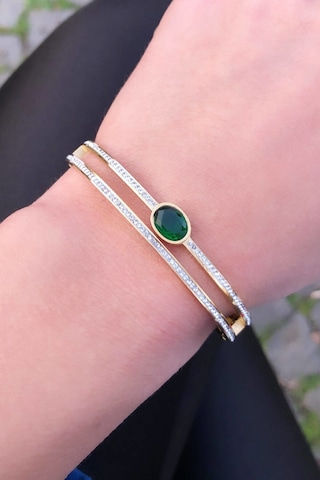 Zirkon Taş Sıralı Ve Yeşil Taş Detaylı Gold Renk Kelepçe - Çelik Yeşil