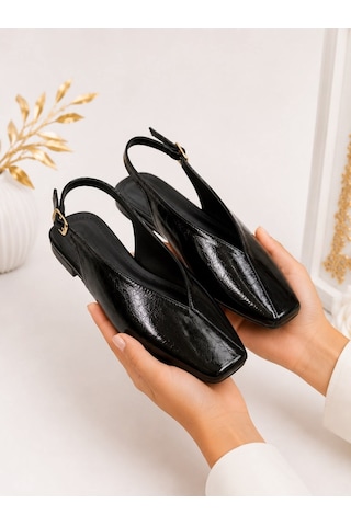 Dabab Shoes Lıvora Kadın Siyah Kare Burun Tokalı Düz Taban Slingback Casual Babet Ayakkabı