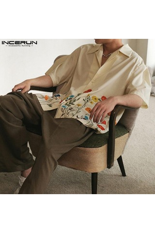 İncerun Yaz Baskı Erkek Kısa Kollu Tatil Günlük Salaş Gömlekler Bej