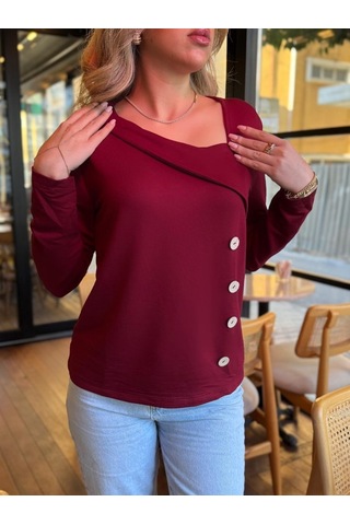 Kadın Uzun Kollu Geometrik Yaka Detay Yandan Düğmeli Viskon Iki Iplik Bluz Antrasit Melanj