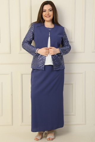 İçi Yarım Ay Kol Bluz Pul Nakışişlemeboncuk Detaylı Ceket Etek Astarlı Büyük Beden 3'lü Takım İndigo