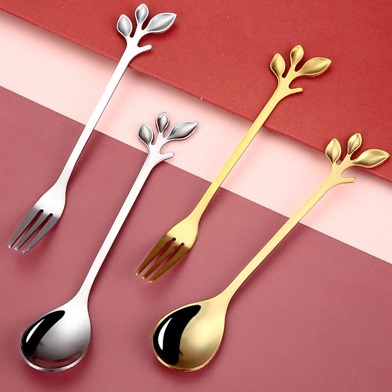 Geeksen Evde Kullanalım: Renkli Yaprak Desenli Paslanmaz Çelik Kahve Kaşığı, Tatlı Çatalı Ve Kaşığı - Ev Mutfak Aletleri Altın