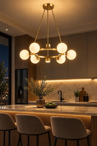 Modern Premium Gold Detaylı 6+6 Led Opak Küreli Avize Salon Mutfak Sarkıt Avize 6xg9 18w