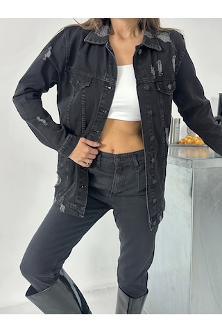 Blue Marlin Kadın Siyah Lazer Yirtik Detayli Boyfriend Kot Ceket Siyah