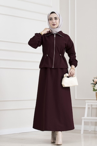 Sevitli Beli Tünelli Fermuarlı Etekli Takım-bordo-5627 Bordo