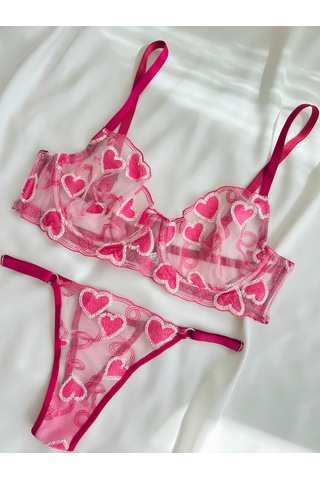 Arinda Love İn The Air Pembe Kalp Desenli İşlemeli Brode Kapsız Balenli Bralette Sütyen Tanga Alt Üst Çamaşırı Takımı 2 Parça
