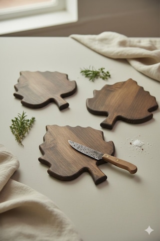 Fam Wood Art 3'lü Ahşap Çınar Yaprağı ,organizer,çok Amaçlı Stand Kesme Tahtası 21 Cm X 28 Cm Kahverengi
