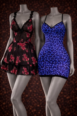 Albonishop Mor Leopar Desenli V Yaka Mini Gecelik İle Siyah Gül Baskılı Transparan Babydoll İç Giyim Set Çok Renkli