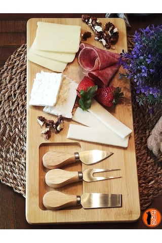 4 Parça Bambu Peynir Sunum Tahtası Ve Çatal - Spatula - Bıçak Seti, Peynir Kesim Panosu, Sunum Seti Bambu