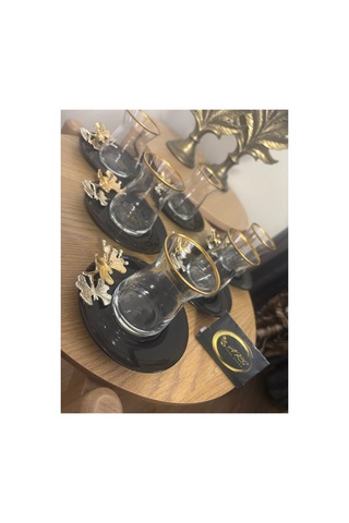 Siyah Cam Tabaklı Kelebek Detaylı 12 Parça 6 Kişilik Çay Seti, Çay Takımı, İrem Çay Bardak Siyah-black-gold