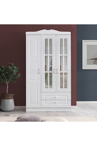Country West 3 Kapaklı Çekmeceli Aynalı Mdf Dolap, Beyaz