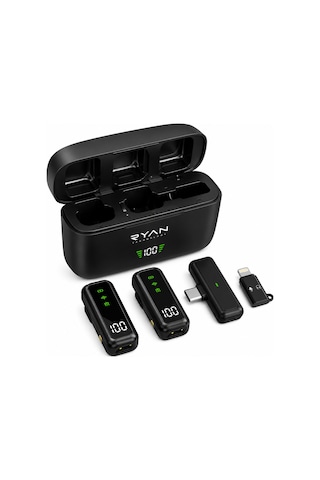Kablosuz Yaka Mikrofonu 2'li Type-c & Lightning Uyumlu Şarj Kutulu Gürültü Azaltmalı İphone & Android Airmic Pro Ry-wm02