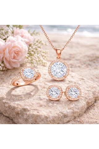 Gümüş Rose Yuvarlak Montür Tek Taş Set Çok Renkli