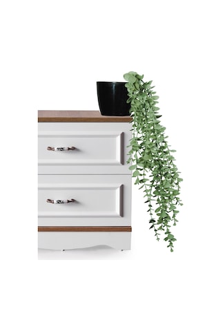 Yapay Çiçek Parlak Siyah Saksıda Pastel Yeşil Okaliptus Sarkıtı Yeşil