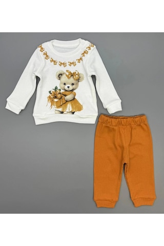 Kız Bebek Ayıcık Baskılı Çıt Çıtlı Alt Üst İkili Gündelik Takım Hardal