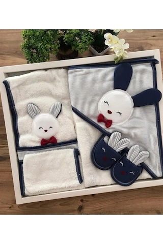 Kulaklı Tavşanlı Bebek Bornoz Seti Lacivert Beyaz Lacivert - Beyaz