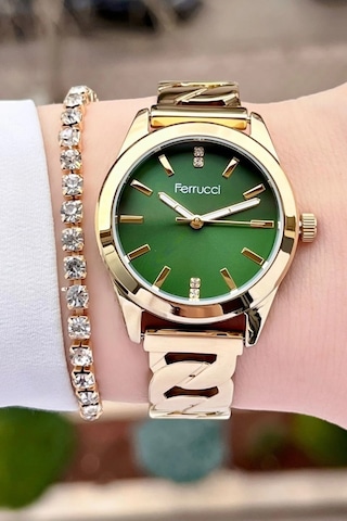 Ferrucci Kadranı Yeşil Gold Renk Çelik Kadın Kol Saati+bileklik Hediyeli Altın