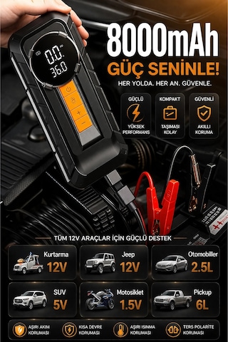 Auhma A8899 Akü Takviye Cihazı & Hava Kompresörü - 80000mah Powerbank, 150 Psı, 1000a Peak, Led Fene