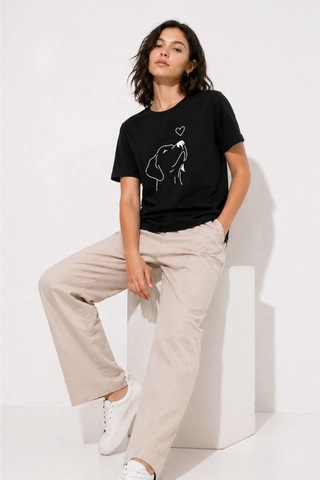 Wear Vexel Kadın Köpek Figürlü Minimal Baskılı Tişört Kısa Kol Yazlık T-shirt - Siyah Siyah