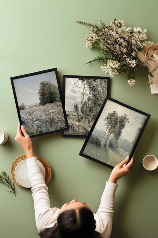 Zestia Siyah Çerçeveli 3'lü Tablo Seti, Klasik Manzara Soft Tonlar, Salon Set No: 30120 50 X 70