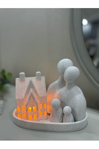 Aile Figürlü Ev Mumluk Seti Mermer Beyaz Dekoratif Tealight Gece Lambası 20 Cm Mermer Desenli