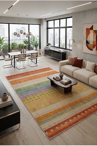 Etnik Kilim Desenli Pamuk Taban Yıkanabilir Baskılı Halı Turuncu