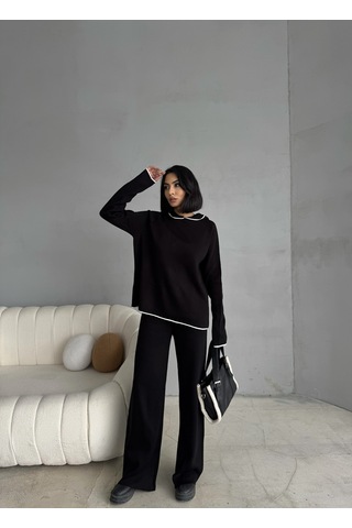 Kadın Kapüşonlu Çizgi Detaylı Triko Alt-üst Takım Siyah
