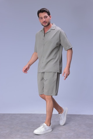 Erkek Rahat Kalıp Cepli Keten Gömlek Ve Beli Lastikli Şort Yazlık Oversize Takım Çağla Yeşili
