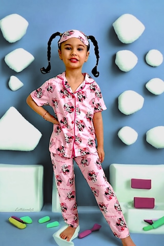 Kız Çocuk Sevimli Baskı Desenli Kısa Kol Pijama Takımı 3 Parça Pembe