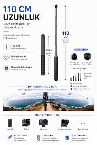 Insta360 Aksiyon Görünmez Selfie Çubuğu 1.1 Metre Siyah