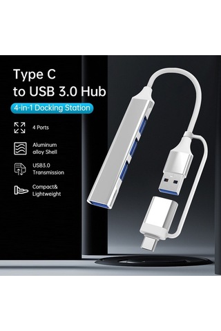 Fastbuy Alüminyum Gövde 4 Port Usb 3.0 Hub - Usb Type-c Çift Girişli Genişletme Dönüştürücü Gümüş