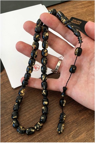 Tesbihkenti Yenilebilir Sertifikalı Altın Parçacıklı Sıkma Kehribar Tesbih