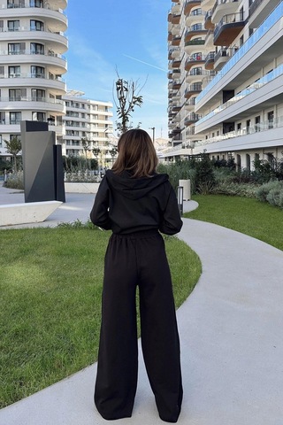 Kadın Siyah Beli Lastikli, Cepli, Bol Paça, Salaş Pantolon Siyah