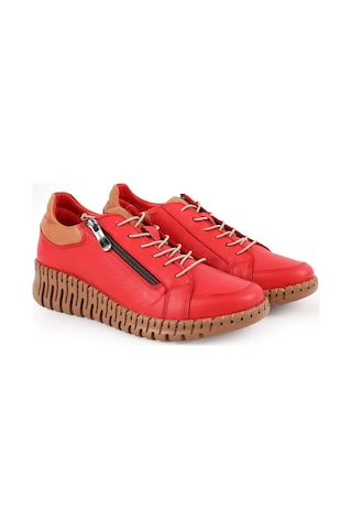 Mamma Mia Kadın Günlük Ayakkabı Hakiki Deri Kalın Dişli Taban Yandan Fermuarlı Bağcıklı Sneaker 26y-7755 Kırmızı-taba