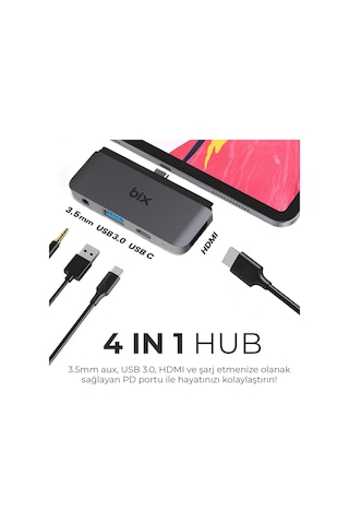 Bix Bx16hb 4-in-1 Alüminyum Kasalı Type-c 4k 30hz Hdmı, 1x Usb 3.