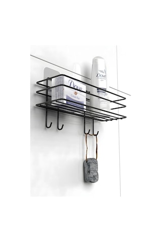 Siyah Yapışkanlı Kancalı Banyo Ve Mutfak Rafı Çok Amaçlı Tekli Raf Siyah