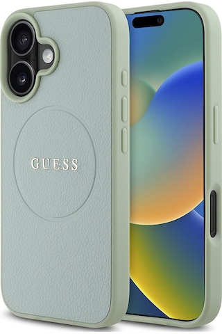 Apple iPhone 16 Plus Uyumlu Kılıf Guess Lisanslı Magsafe Şarj Özellikli Yazı Logolu Grained Kapak Yeşil