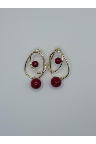 Rhea Jewelry Çelik Geometrik Kırmızı Boncuklu Sallantılı Kadın Küpe Gold 7 Cm Altın - Kırmızı